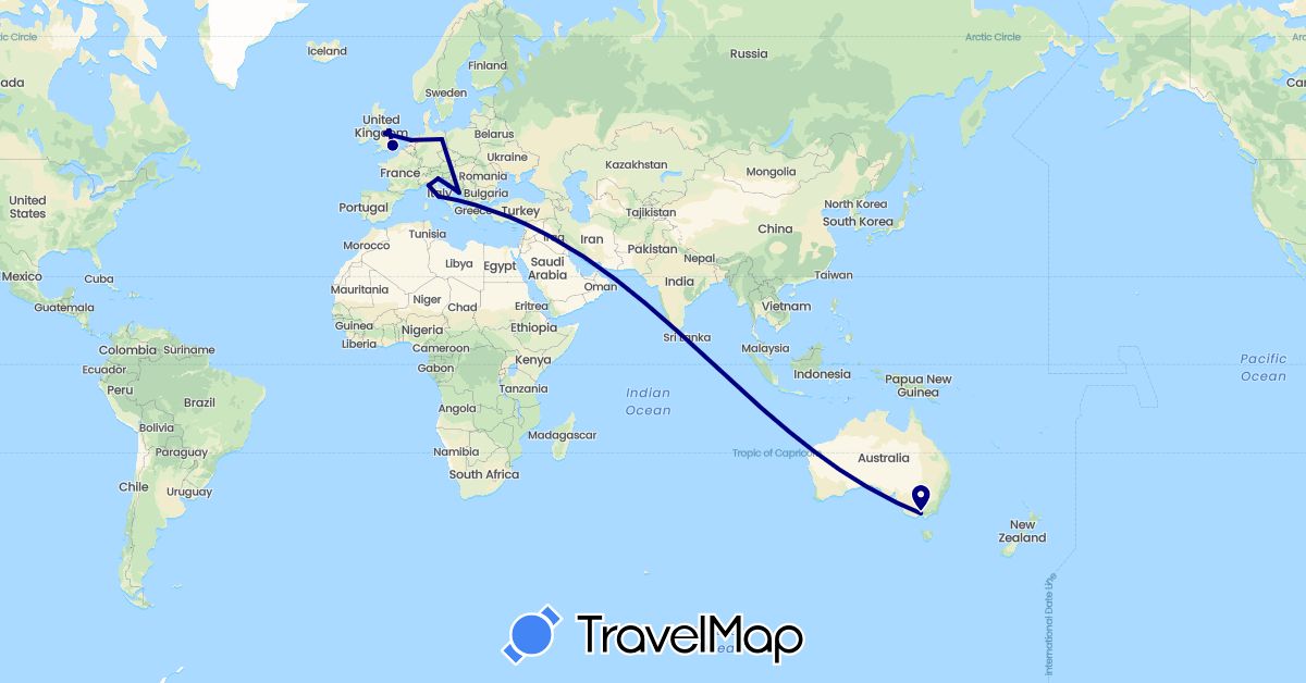 TravelMap itinerary: driving in Australia, Germany, United Kingdom, Croatia, Italy, Netherlands (Europe, Oceania)